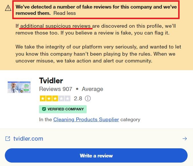 tvidler trustpilot disclaimer fake reviews removed
