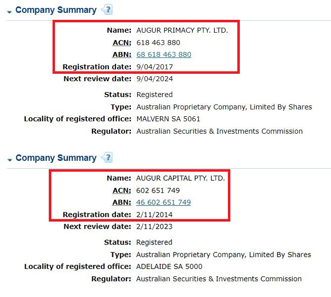augur capital and augur primacy australia company registration