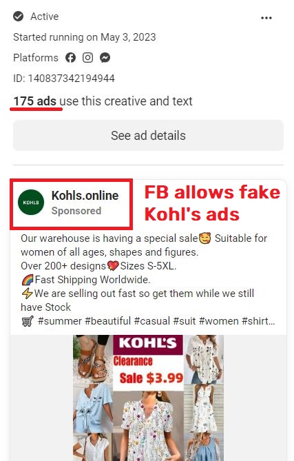 fake kohls facebook ad