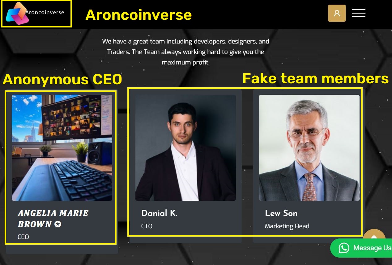 aroncoinverse scam fake team members