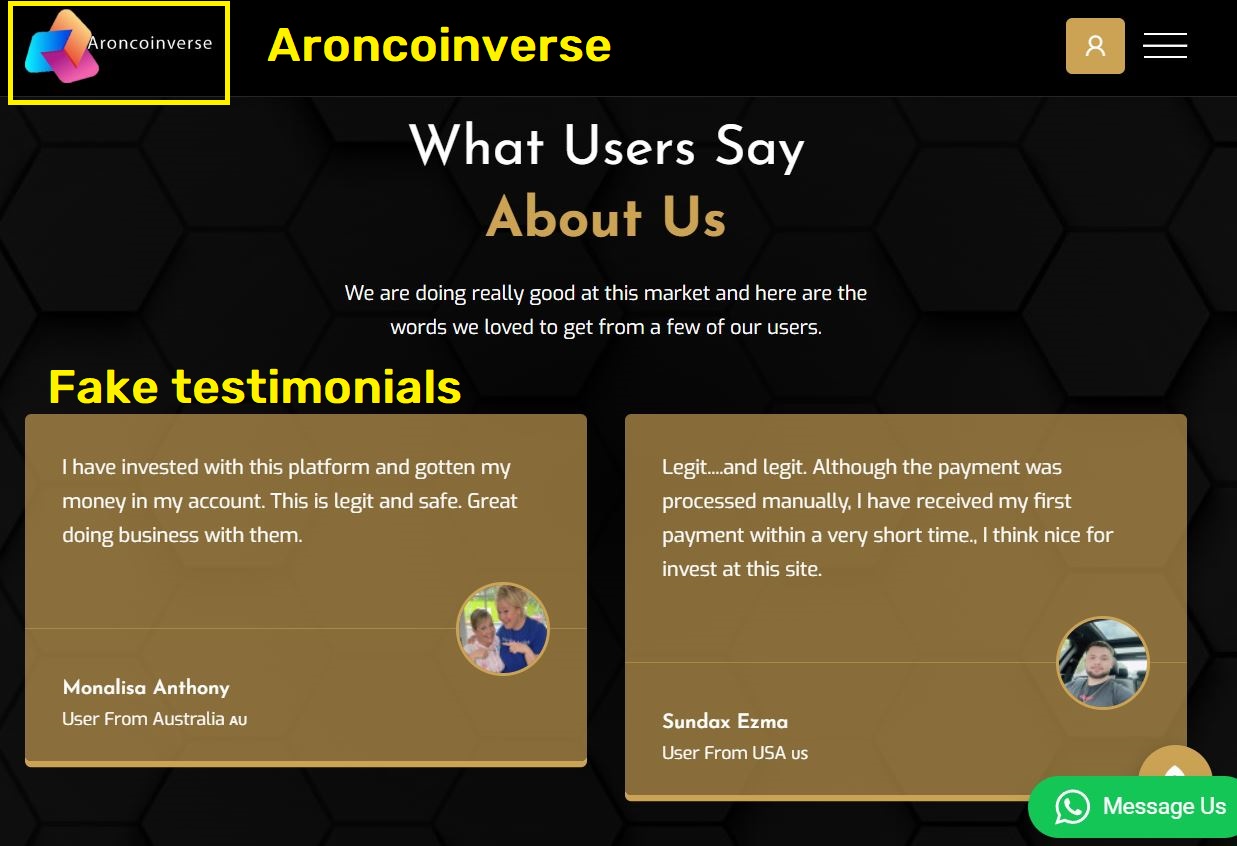 aroncoinverse scam fake testimonials