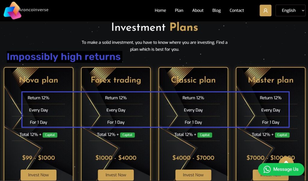 aroncoinverse scam investment plans