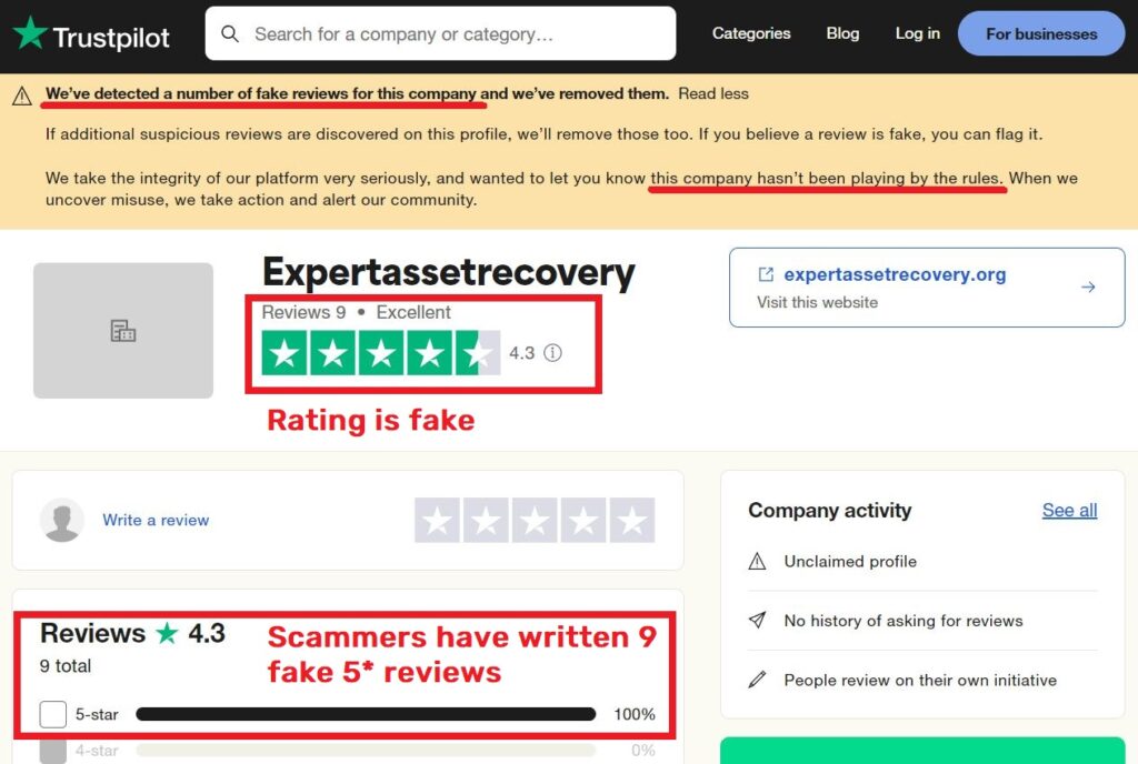 expertassetrecovery scam fake trustpilot rating