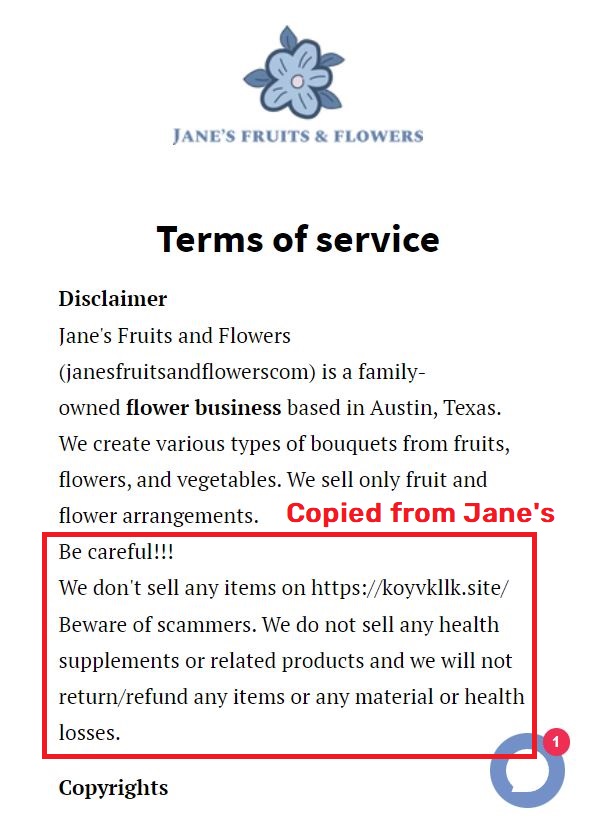 koyvkllk janesfruitsandflowers scam terms of service warning