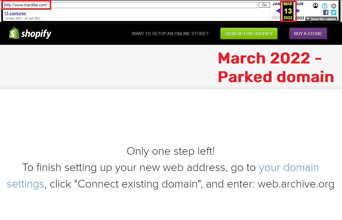 wayback machine snapshot 1 parked domain