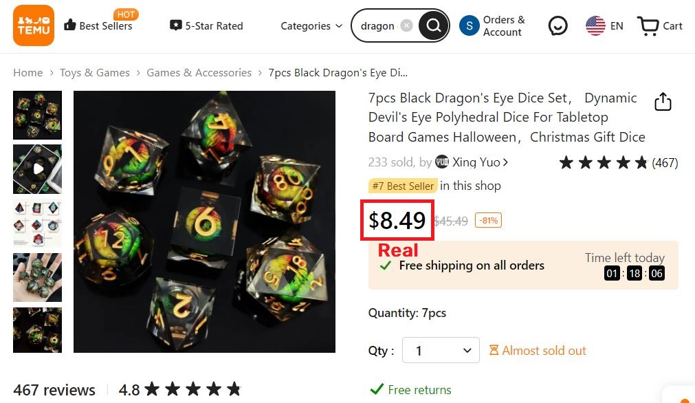 temu dragon eye dice real price