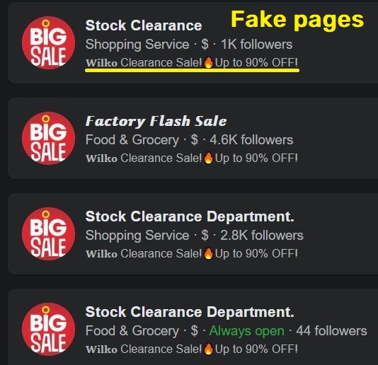 wilkoclosing scam fake facebook page stock clearance factory flash sale