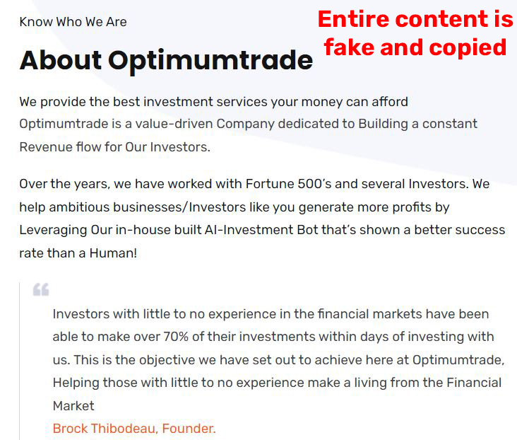 optimumtrade investment scam about us page copied content