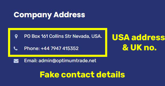optimumtrade investment scam fake contact details