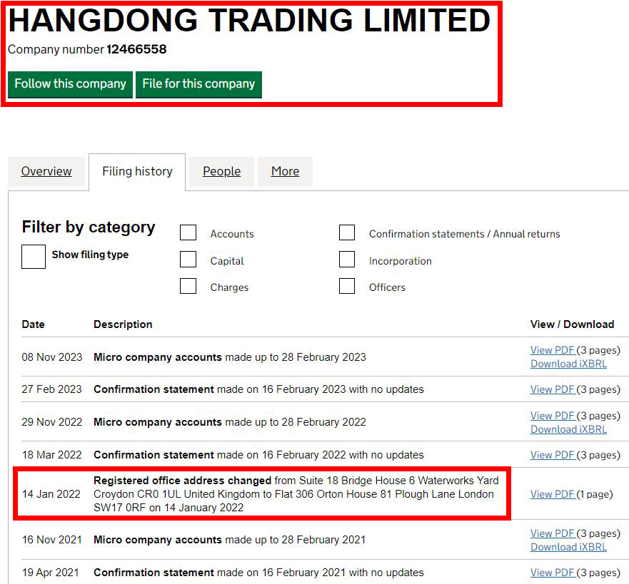 hangdong trading limited uk reigstration