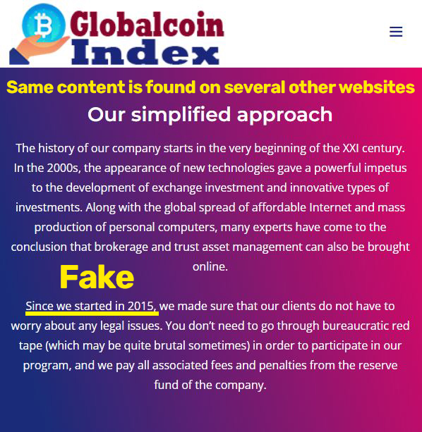 Globalcoin-index scam fake content