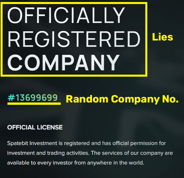 spatebit scam fake company registration number