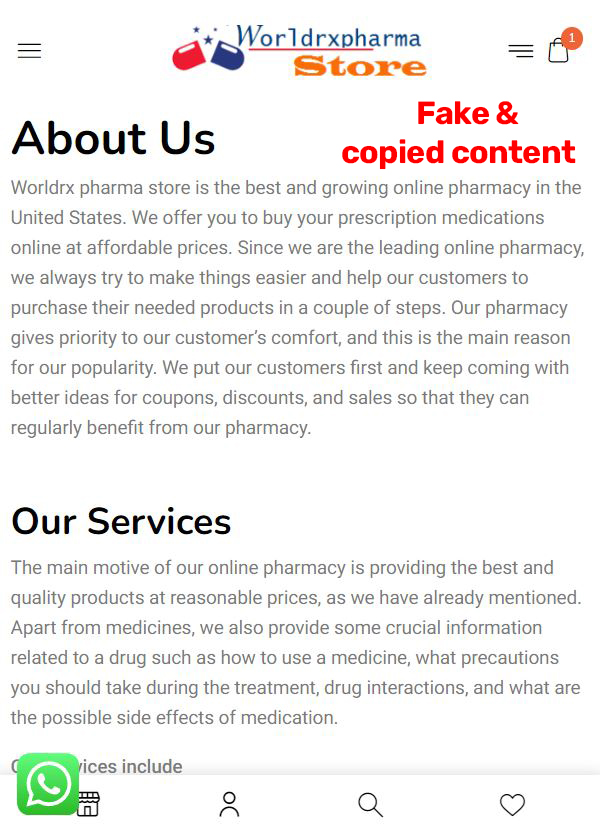 Worldrxpharmastore scam fake about us page