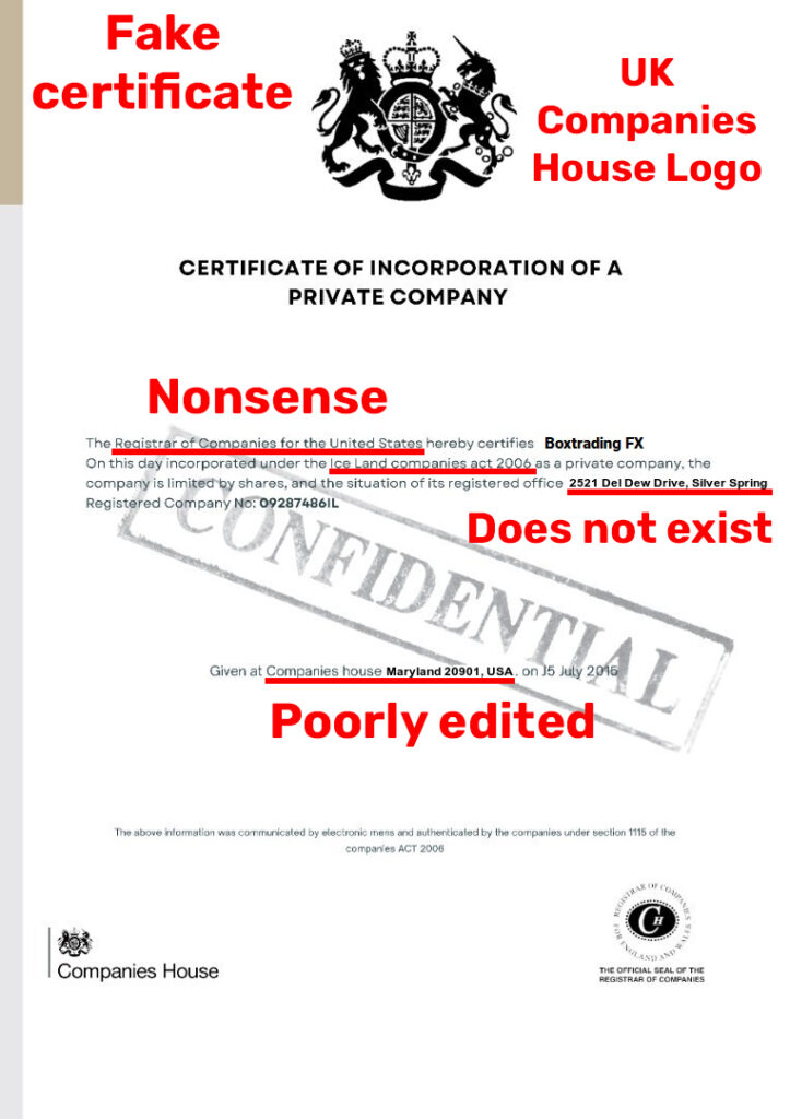 Boxtradingfx scam fake company registration certificate